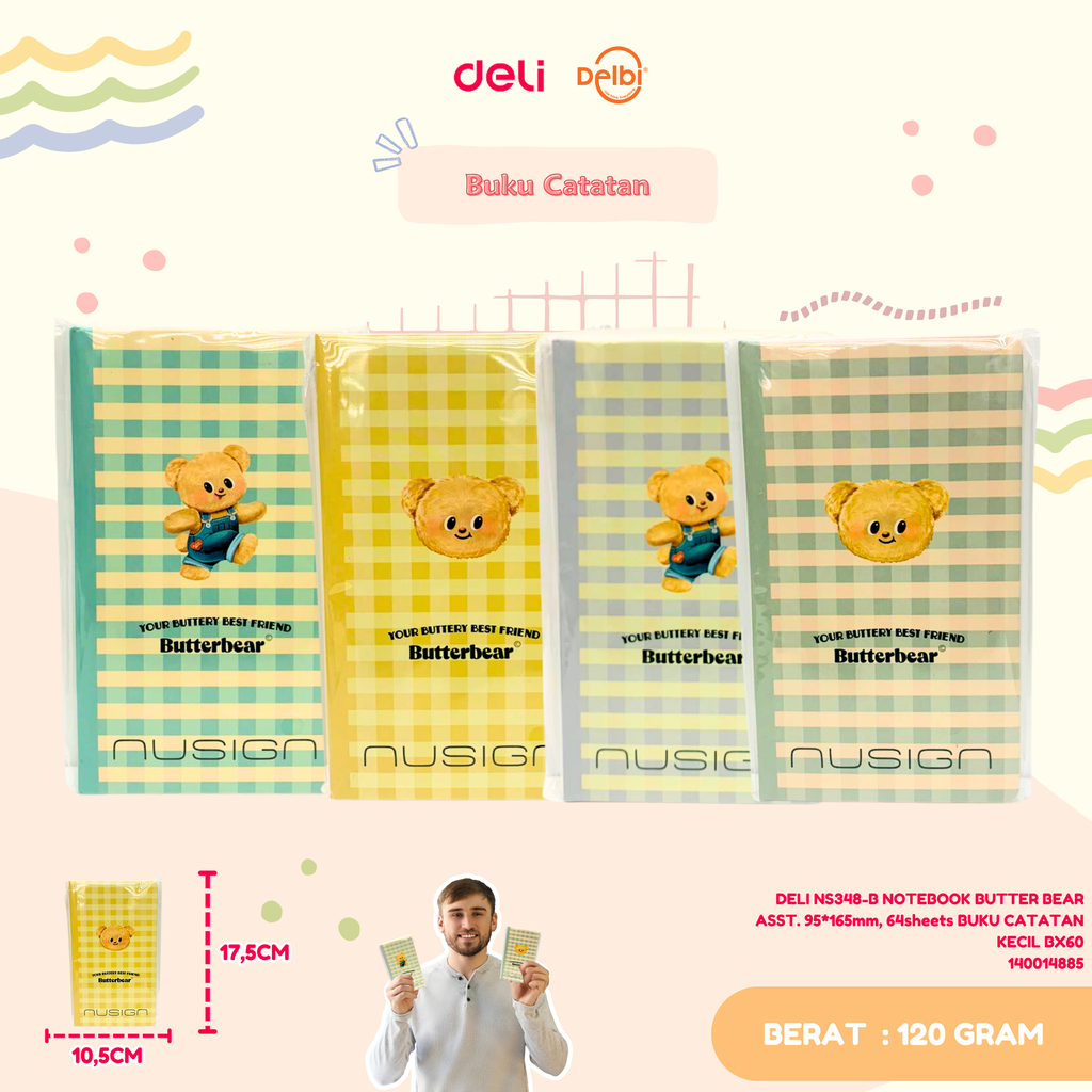 DELI NS348-B NOTEBOOK BUTTER BEAR ASST. 95*165mm, 64sheets BUKU CATATAN KECIL BX60