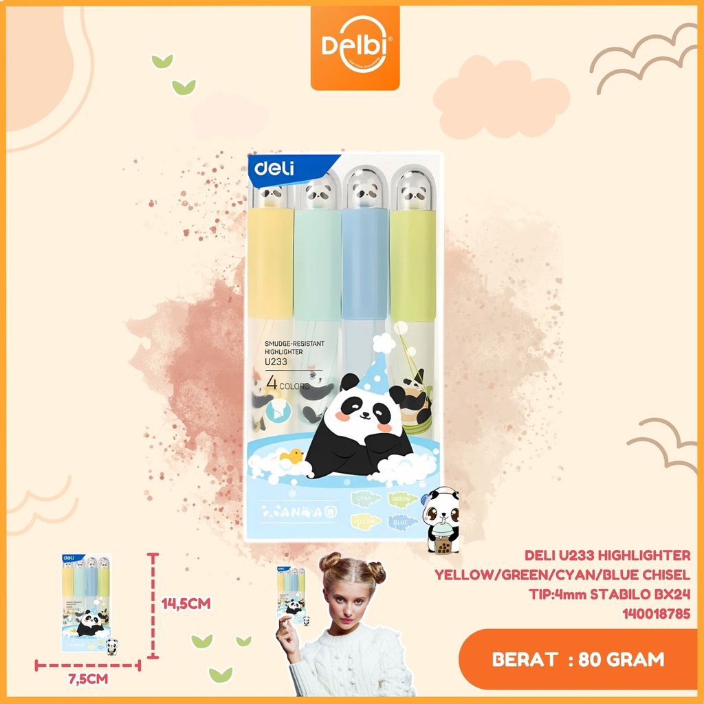 [140018785] DELI U233 HIGHLIGHTER YELLOW/GREEN/CYAN/BLUE CHISEL TIP:4mm STABILO BX24