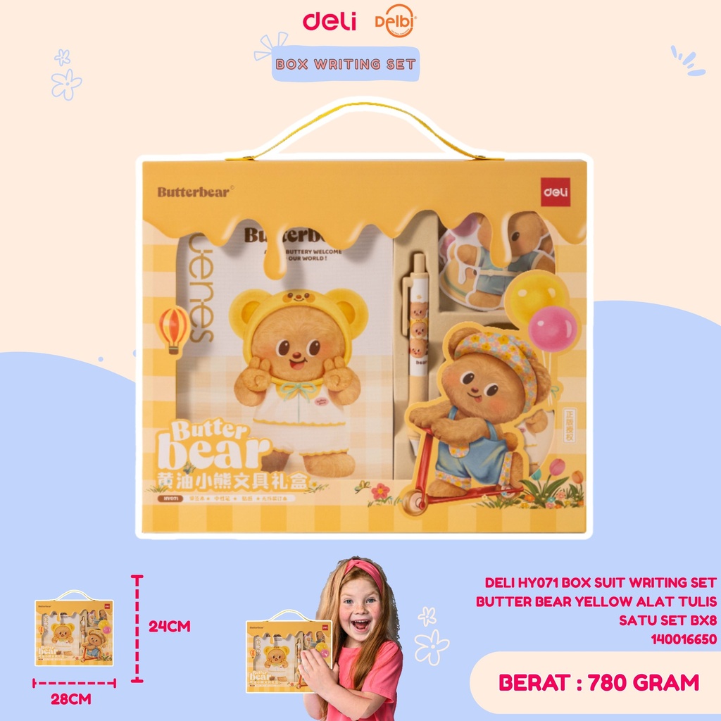 DELI HY071 BOX SUIT WRITING SET BUTTER BEAR YELLOW ALAT TULIS SATU SET BX8