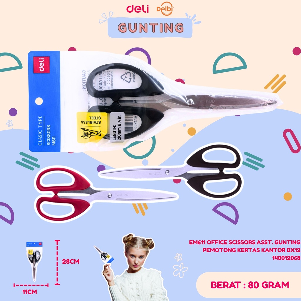 [140012068] EM611 OFFICE SCISSORS ASST. GUNTING PEMOTONG KERTAS KANTOR BX12