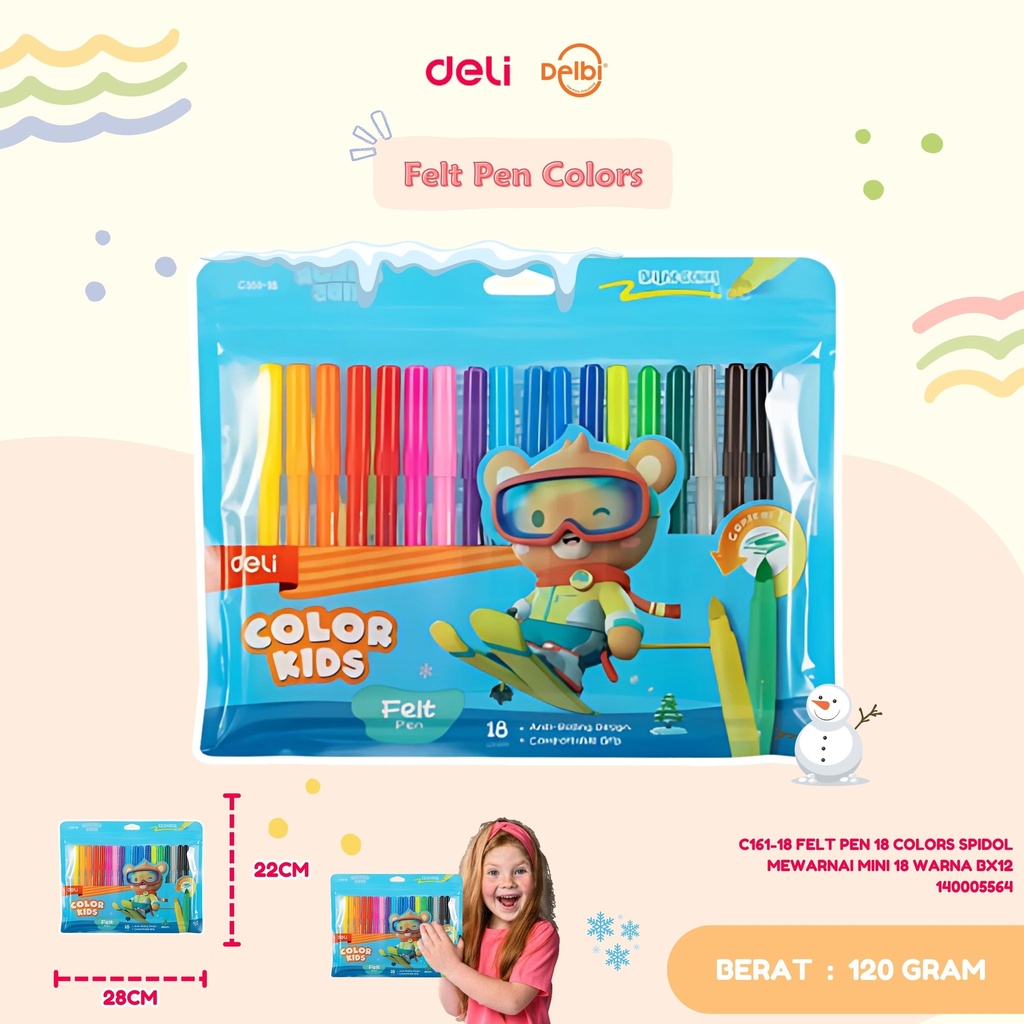 DELI C161-18 FELT PEN 18 COLORS SPIDOL MEWARNAI MINI 18 WARNA BX12