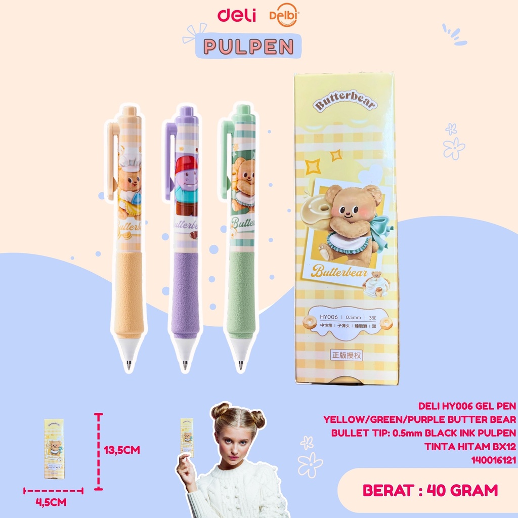 [140016121] DELI HY006 GEL PEN YELLOW/GREEN/PURPLE BUTTER BEAR  BULLET TIP: 0.5mm BLACK INK PULPEN TINTA HITAM BX12