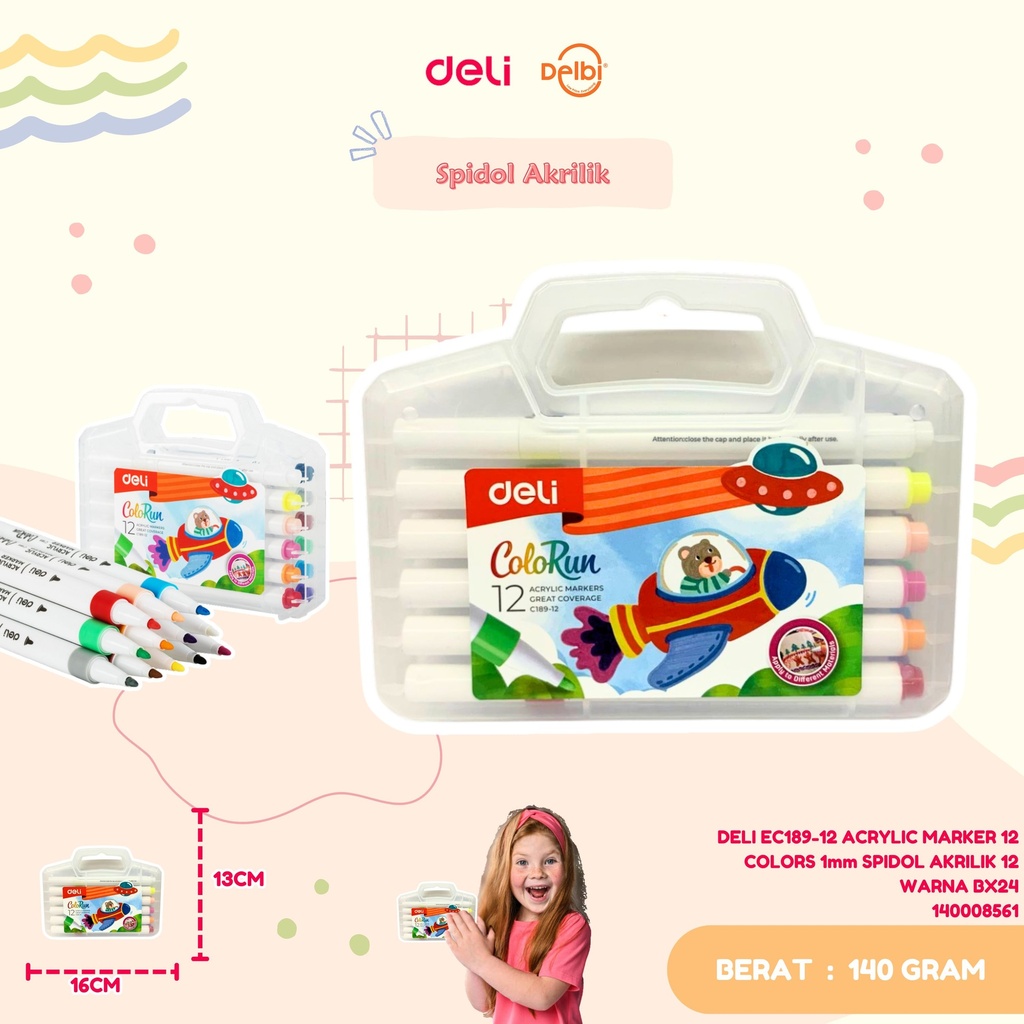 DELI EC189-12 ACRYLIC MARKER 12 COLORS 1mm SPIDOL AKRILIK 12 WARNA BX24