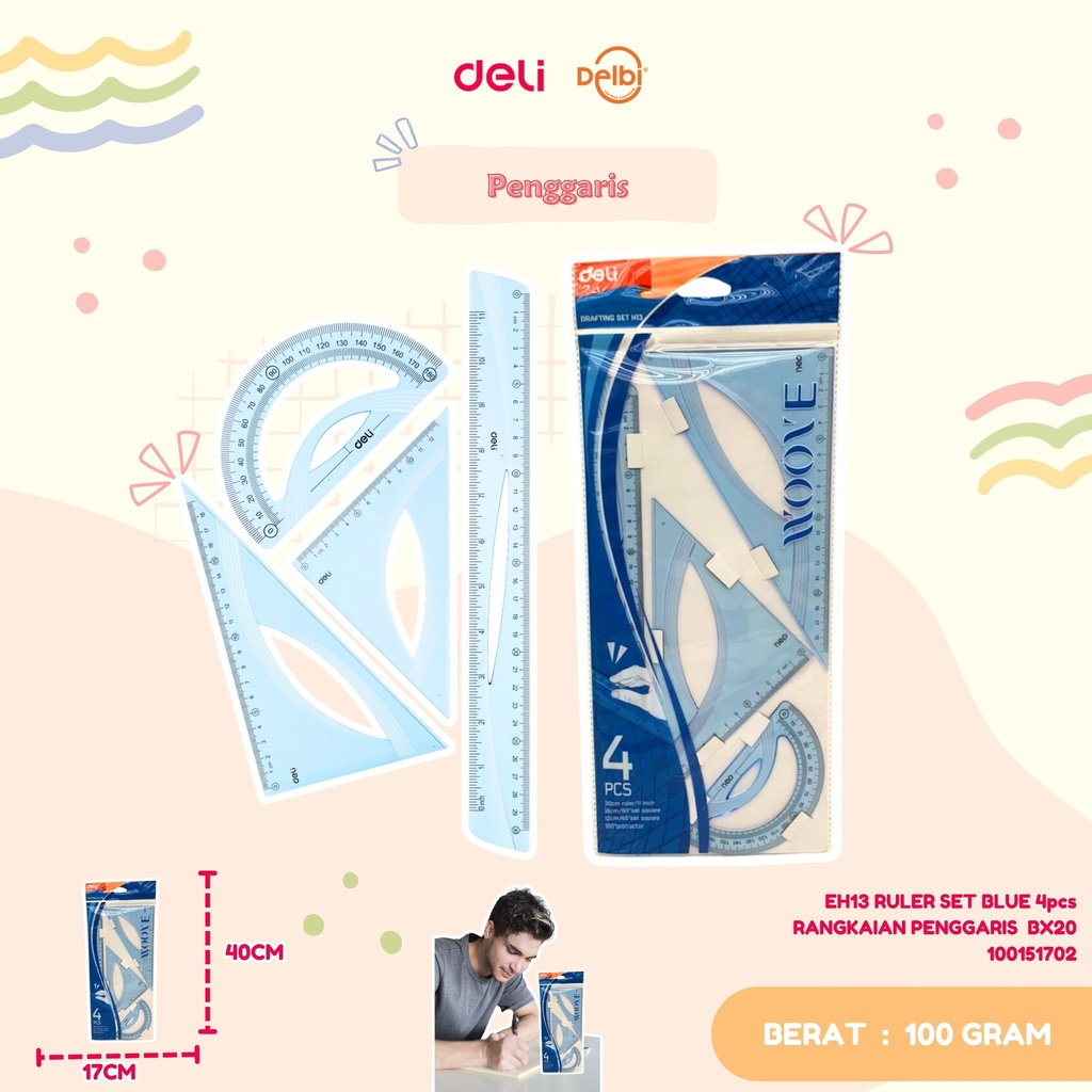 DELI EH13 RULER SET BLUE 4pcs RANGKAIAN PENGGARIS  BX20