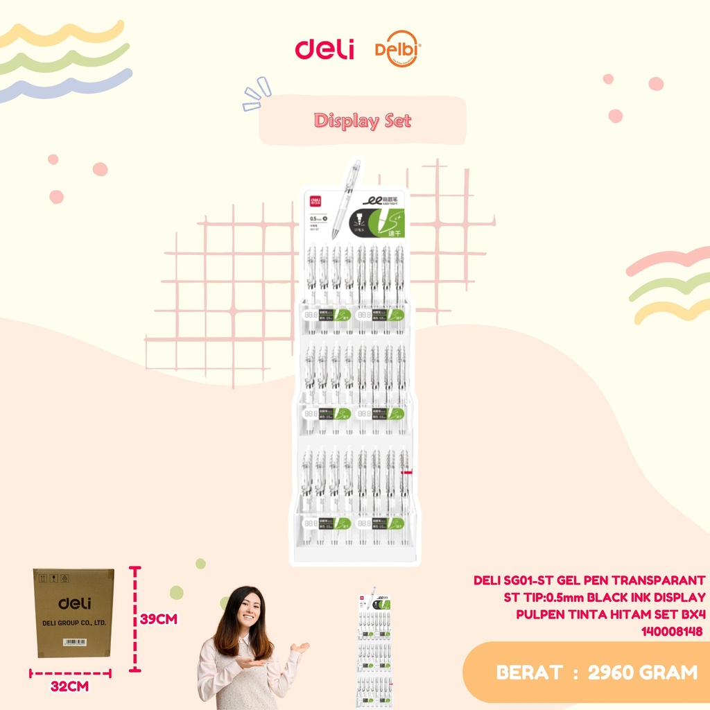 DELI SG01-ST GEL PEN TRANSPARANT ST TIP:0.5mm BLACK INK DISPLAY PULPEN TINTA HITAM SET BX4 