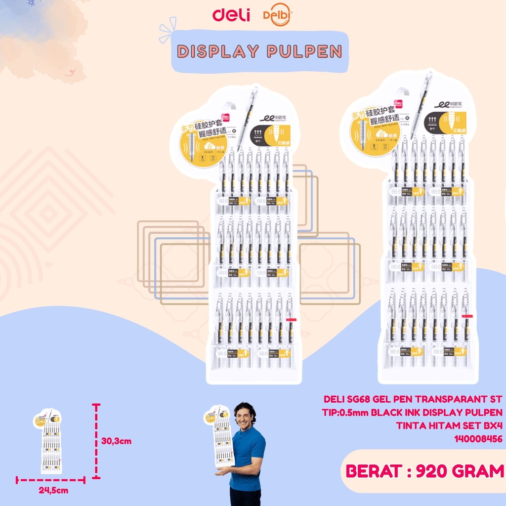 DELI SG68 GEL PEN TRANSPARANT ST TIP:0.5mm BLACK INK DISPLAY PULPEN TINTA HITAM SET BX4
