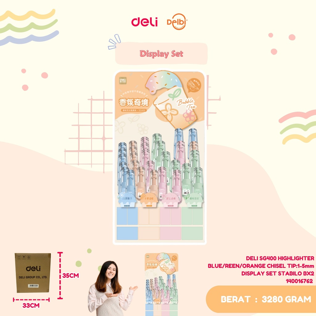 [140016762] DELI SG400 HIGHLIGHTER BLUE/REEN/ORANGE CHISEL TIP:1-5mm DISPLAY SET STABILO BX2 