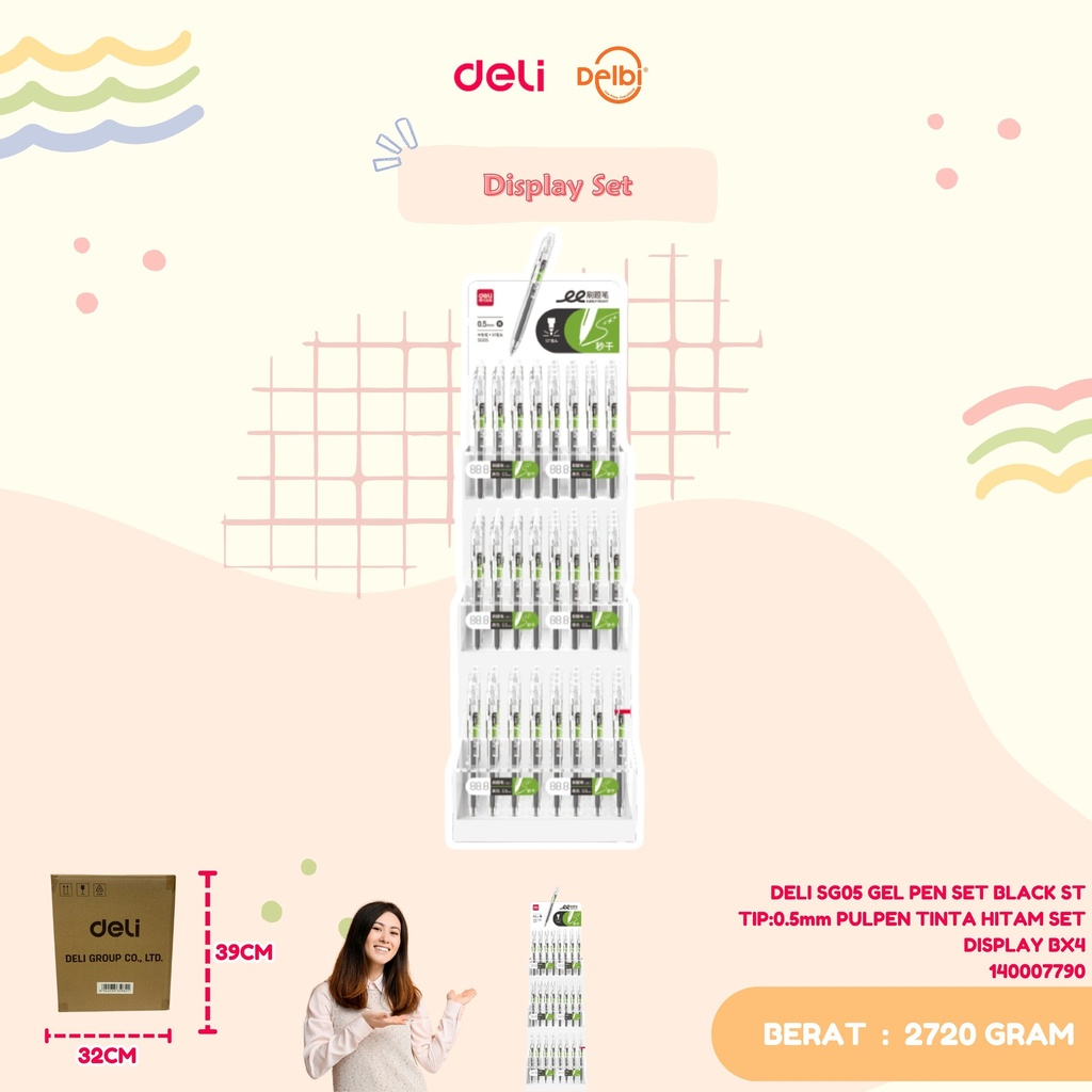 DELI SG05 GEL PEN SET BLACK ST TIP:0.5mm PULPEN TINTA HITAM SET DISPLAY BX4