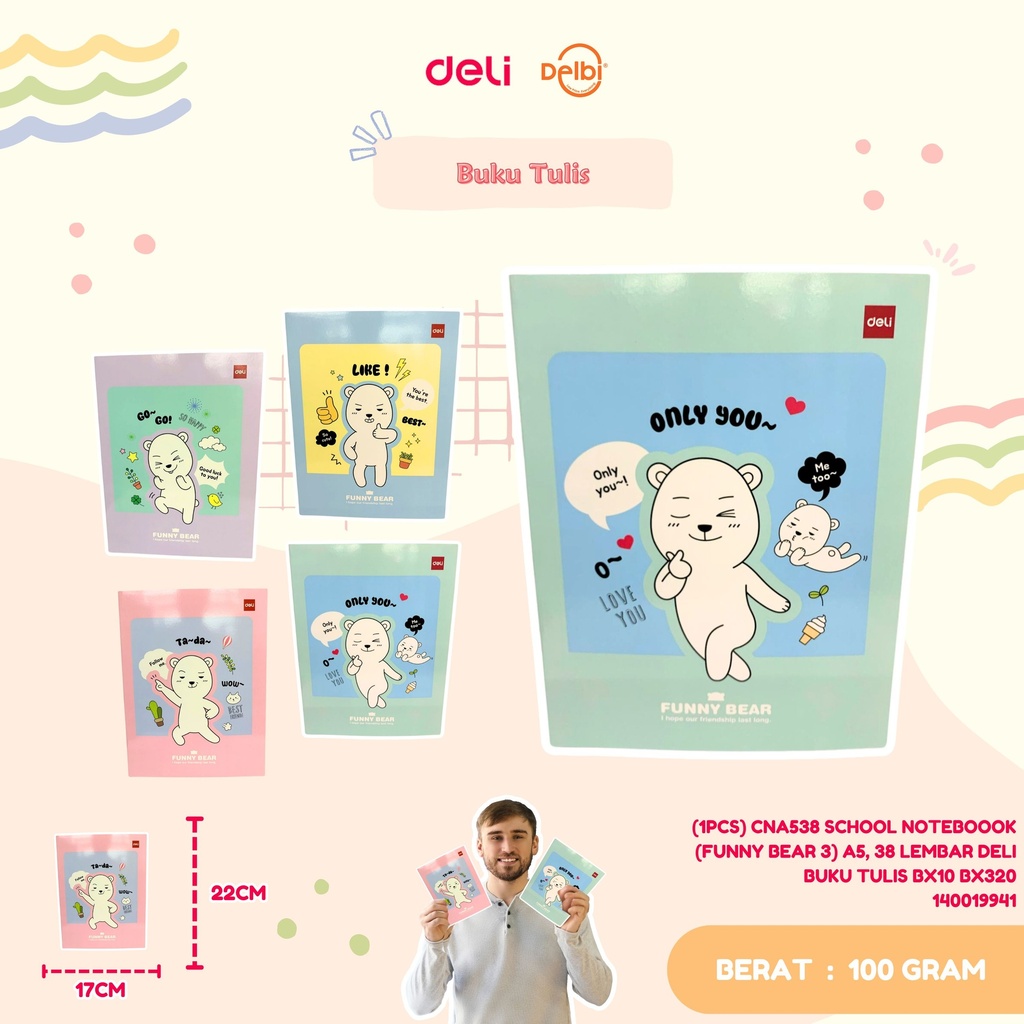 (1PCS) CNA538 SCHOOL NOTEBOOOK (FUNNY BEAR 3) A5, 38 LEMBAR DELI BUKU TULIS BX10 BX320
