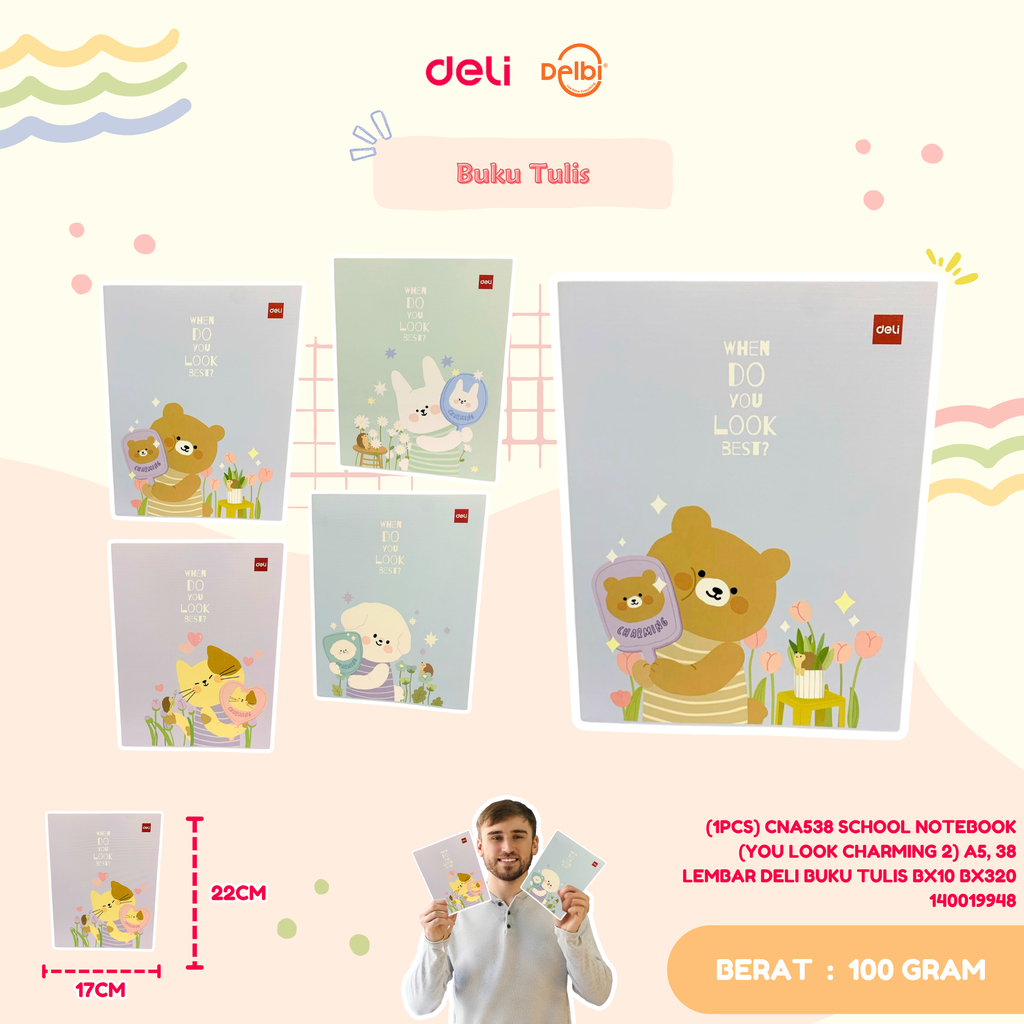 (1PCS) CNA538 SCHOOL NOTEBOOK (YOU LOOK CHARMING 2) A5, 38 LEMBAR DELI BUKU TULIS BX10 BX320