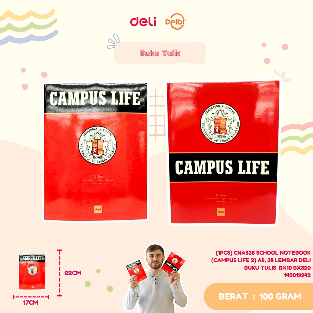 [140019942] (1PCS) CNA538 SCHOOL NOTEBOOK (CAMPUS LIFE 2) A5, 38 LEMBAR DELI BUKU TULIS  BX10 BX320