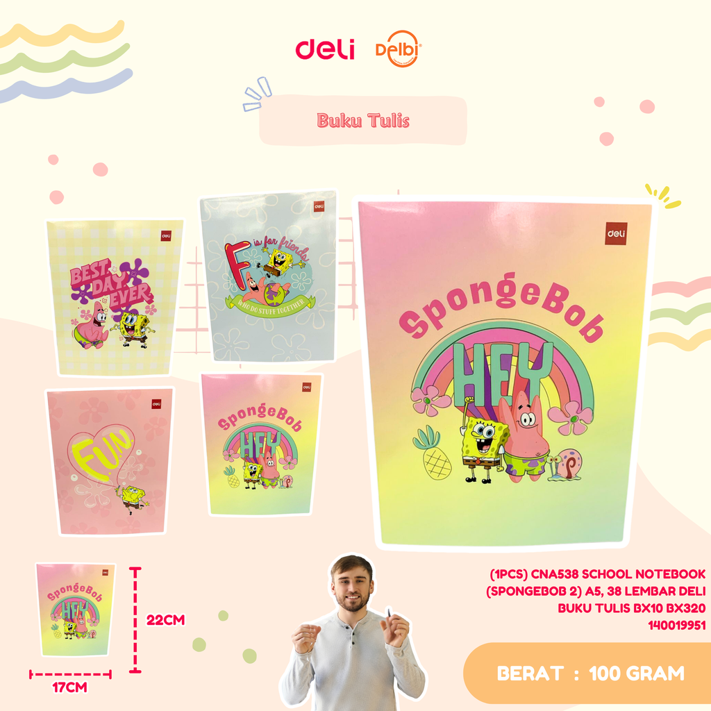 [140019951] (1PCS) CNA538 SCHOOL NOTEBOOK (SPONGEBOB 2) A5, 38 LEMBAR DELI BUKU TULIS BX10 BX320