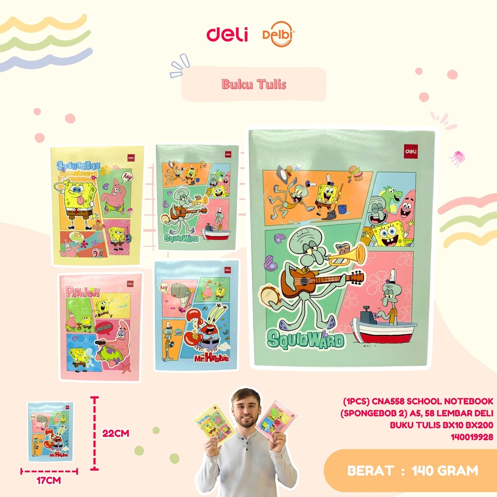 (1PCS) CNA558 SCHOOL NOTEBOOK (SPONGEBOB 2) A5, 58 LEMBAR DELI BUKU TULIS BX10 BX200