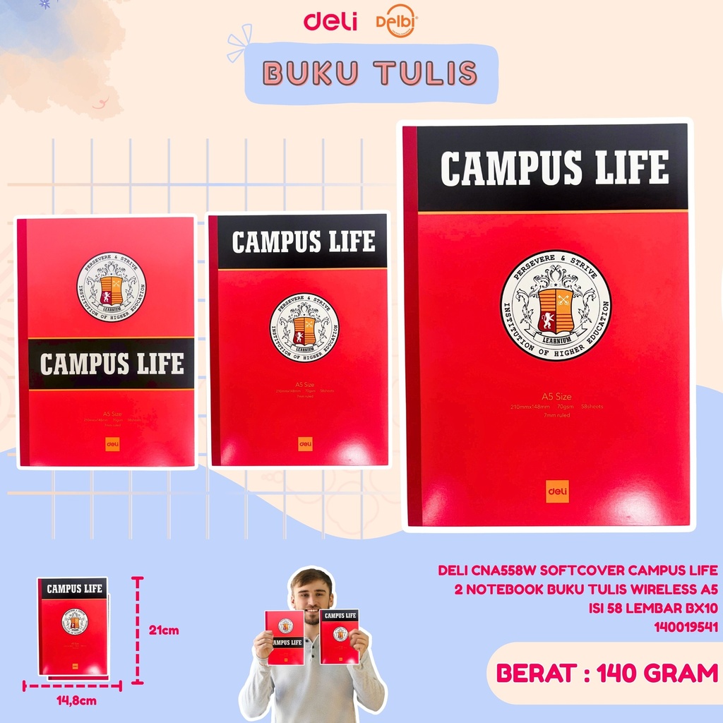 DELI CNA558W SOFTCOVER CAMPUS LIFE 2 NOTEBOOK BUKU TULIS WIRELESS A5 ISI 58 LEMBAR BX10