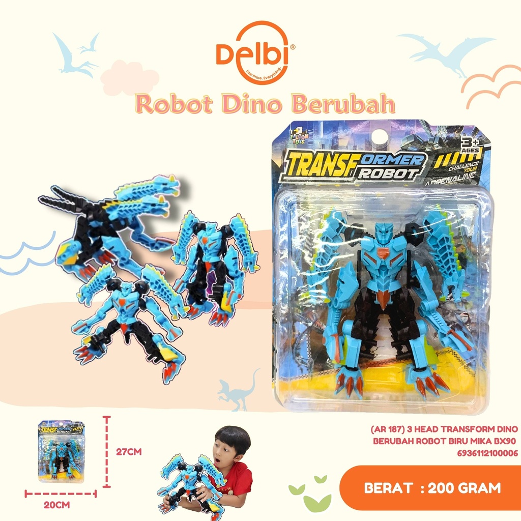 (AR 187) 3 HEAD TRANSFORM DINO BERUBAH ROBOT BIRU MIKA BX90 
