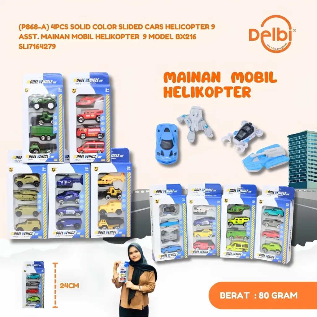 (P868-A) 4PCS SOLID COLOR SLIDED CARS HELICOPTER 9 ASST. MAINAN MOBIL HELIKOPTER  9 MODEL BX216