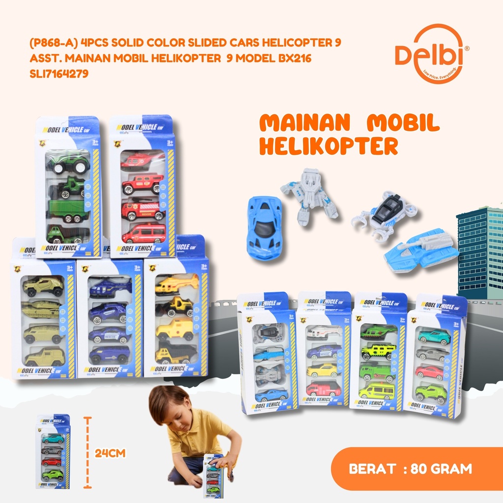(P868-A) 4PCS SOLID COLOR SLIDED CARS HELICOPTER 9 ASST. MAINAN MOBIL HELIKOPTER  9 MODEL BX216