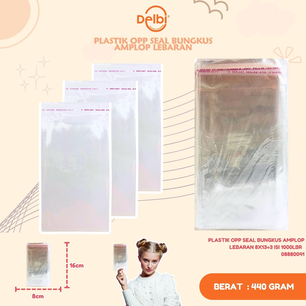 [08880041] PLASTIK OPP SEAL BUNGKUS AMPLOP LEBARAN 8X13+3 ISI 1000LBR
