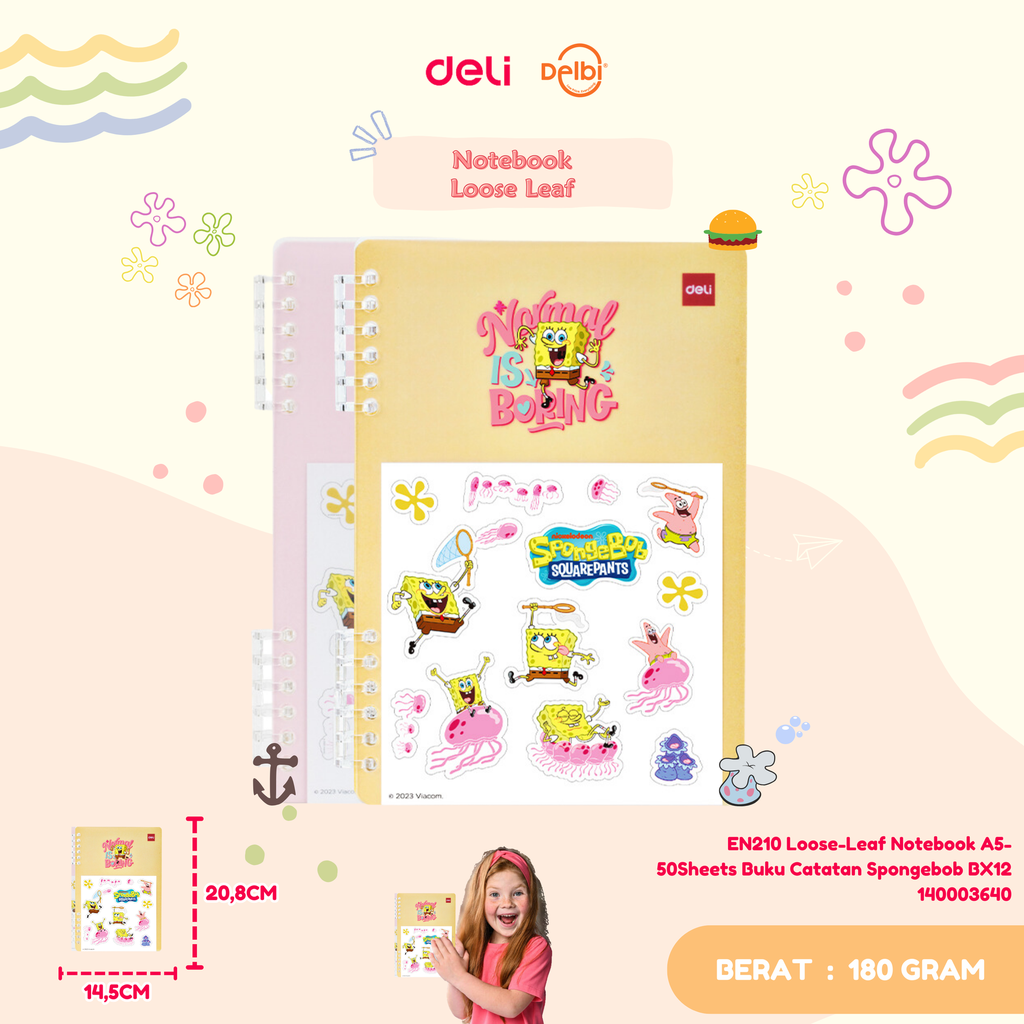 [140003640] DELI EN210 Loose-Leaf Notebook A5-50Sheets Buku Catatan Spongebob BX12 BX72