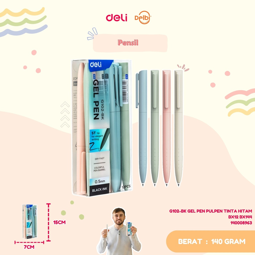 DELI G102-BK GEL PEN PULPEN TINTA HITAM BX12 BX144