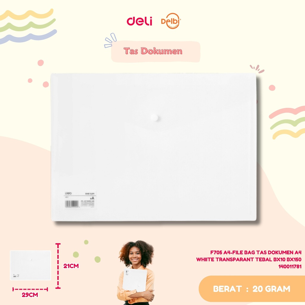 DELI F705 A4-FILE BAG TAS DOKUMEN A4 WHIITE TRANSPARANT TEBAL BX10 BX150