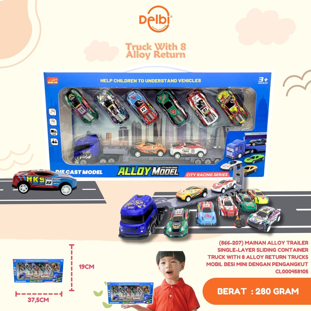 (866-207) MAINAN ALLOY TRAILER SINGLE-LAYER SLIDING CONTAINER TRUCK WITH 8 ALLOY RETURN TRUCKS MOBIL BESI MINI DENGAN PENGANGKUT 