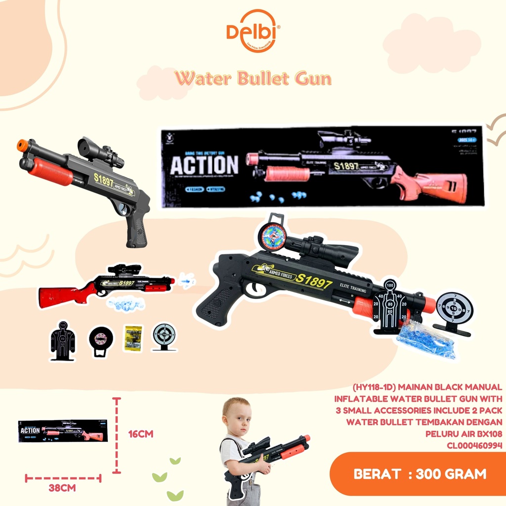 (HY118-1D) MAINAN BLACK MANUAL INFLATABLE WATER BULLET GUN WITH 3 SMALL ACCESSORIES INCLUDE 2 PACK WATER BULLET TEMBAKAN DENGAN PELURU AIR BX108