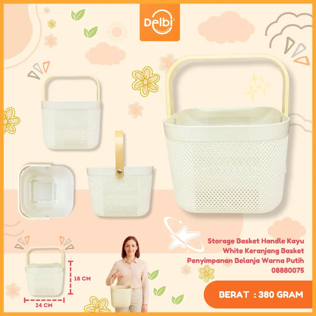 [08880075] Storage Basket Handle Kayu White Keranjang Basket Penyimpanan Belanja Warna Putih
