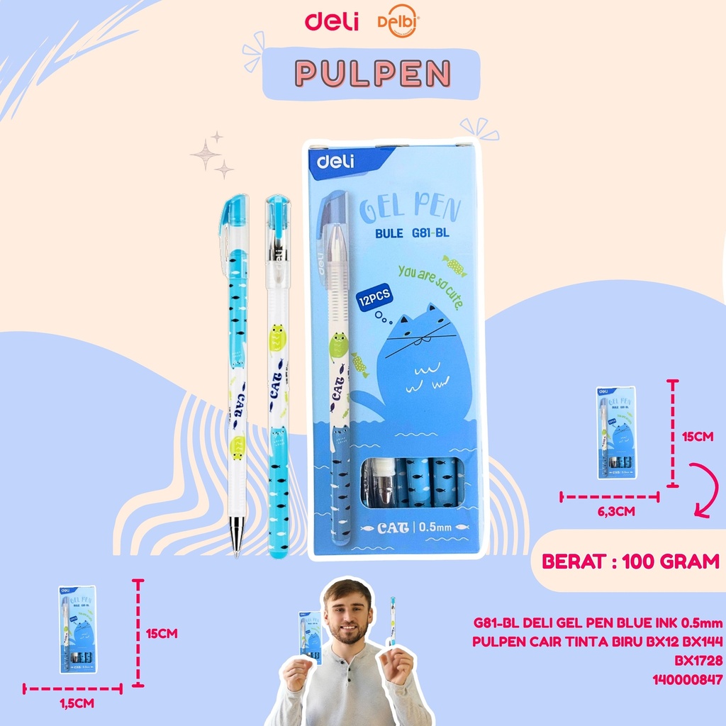 [140000847] G81-BL DELI GEL PEN BLUE INK 0.5mm PULPEN CAIR TINTA BIRU BX12 BX144 BX1728