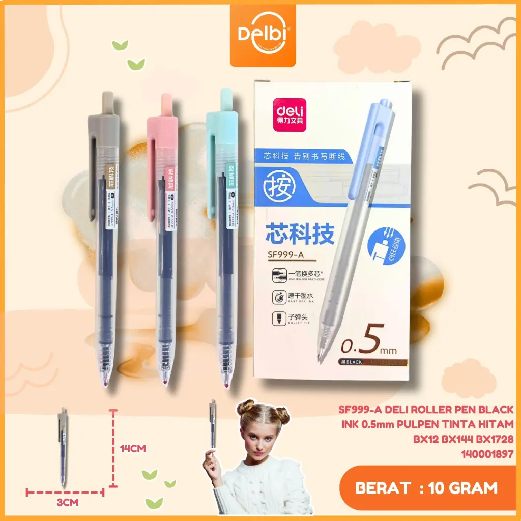 [140001897] SF999-A DELI ROLLER PEN BLACK INK 0.5mm PULPEN TINTA HITAM BX12 BX144 BX1728
