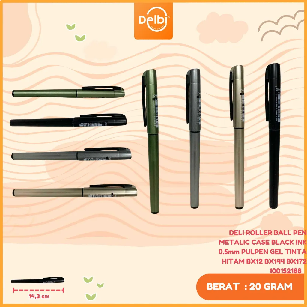 S1688 DELI ROLLER BALL PEN METALIC CASE BLACK INK 0.5mm PULPEN GEL TINTA HITAM BX12 BX144 BX1728