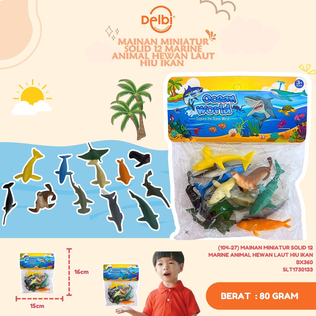 (104-27) MAINAN MINIATUR SOLID 12 MARINE ANIMAL HEWAN LAUT HIU IKAN BX360