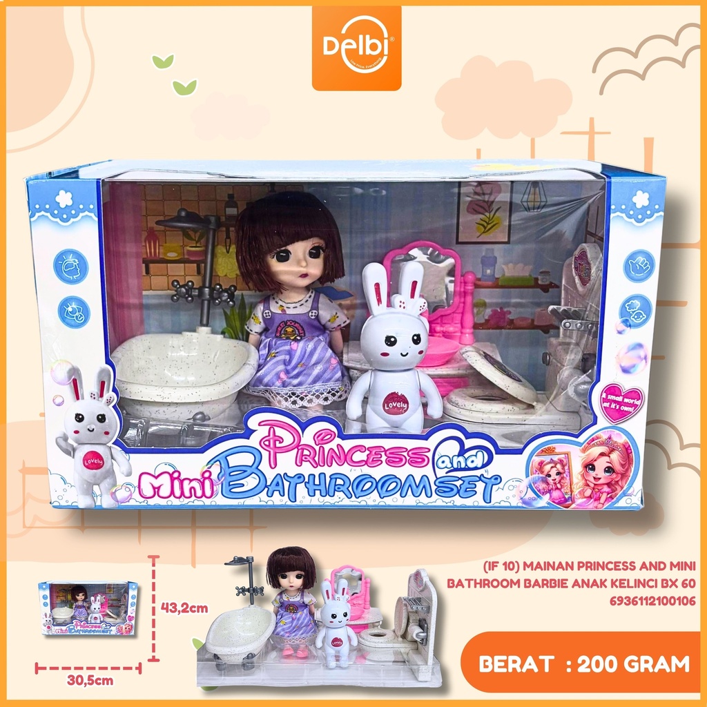 [6936112100106] (IF 10) MAINAN PRINCESS AND MINI BATHROOM BARBIE ANAK KELINCI BX 60