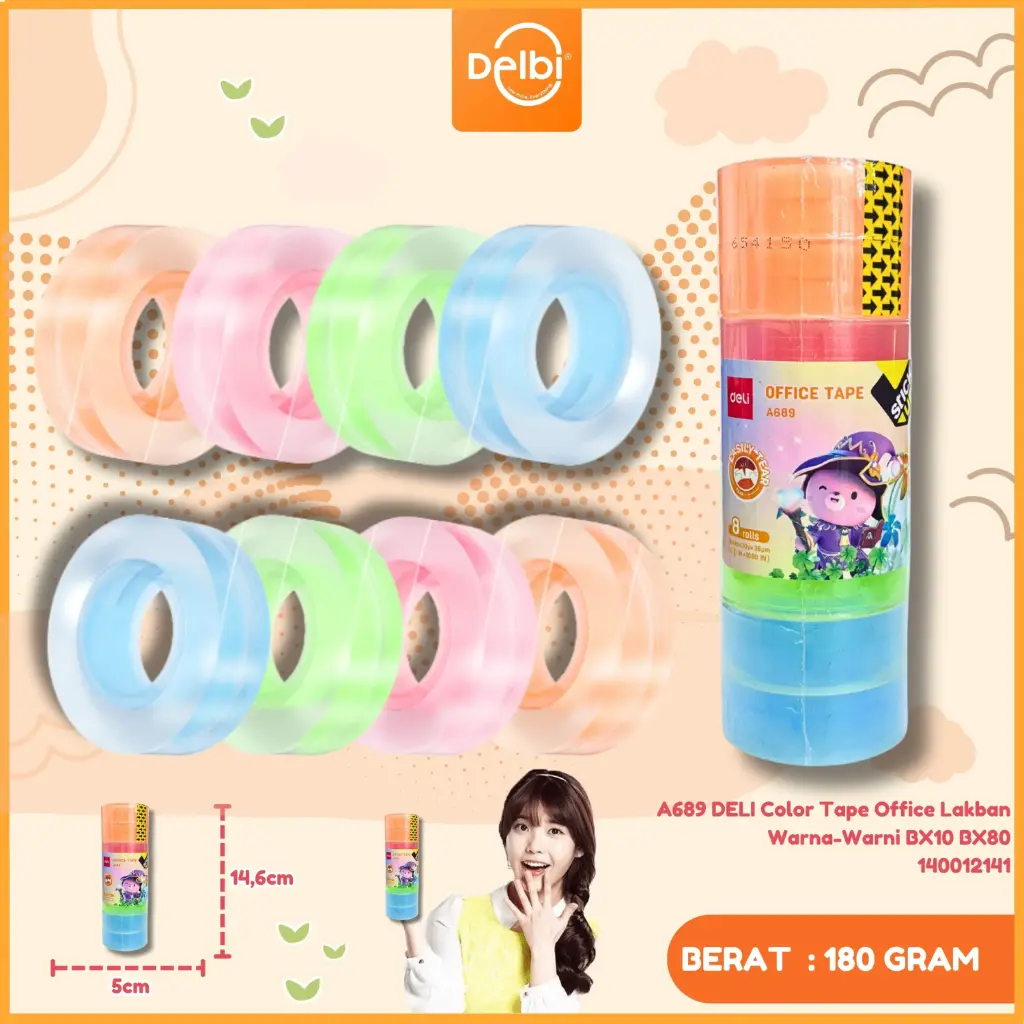 [140012141] A689 DELI Color Tape Office Lakban Warna-Warni BX10 BX80