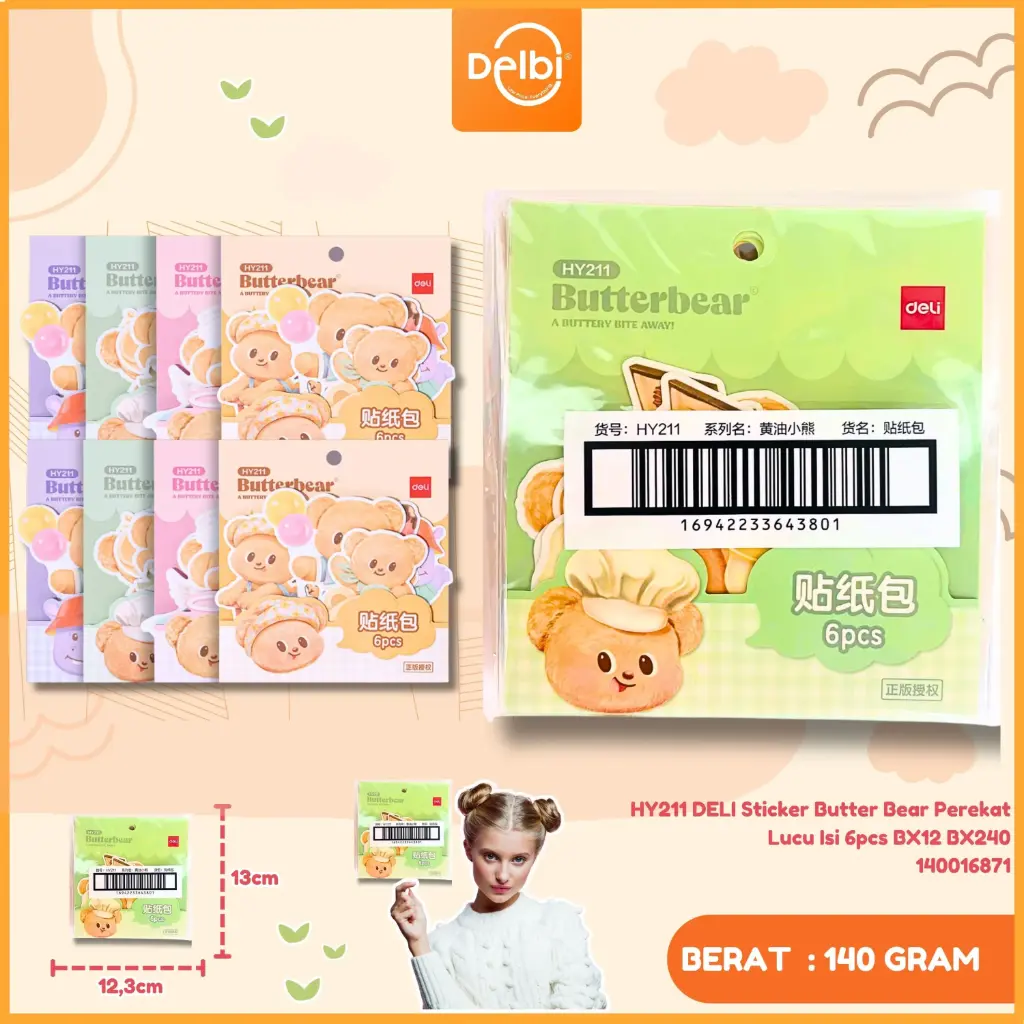 [140016871] HY211 DELI Sticker Butter Bear Perekat Lucu Isi 6pcs BX12 BX240