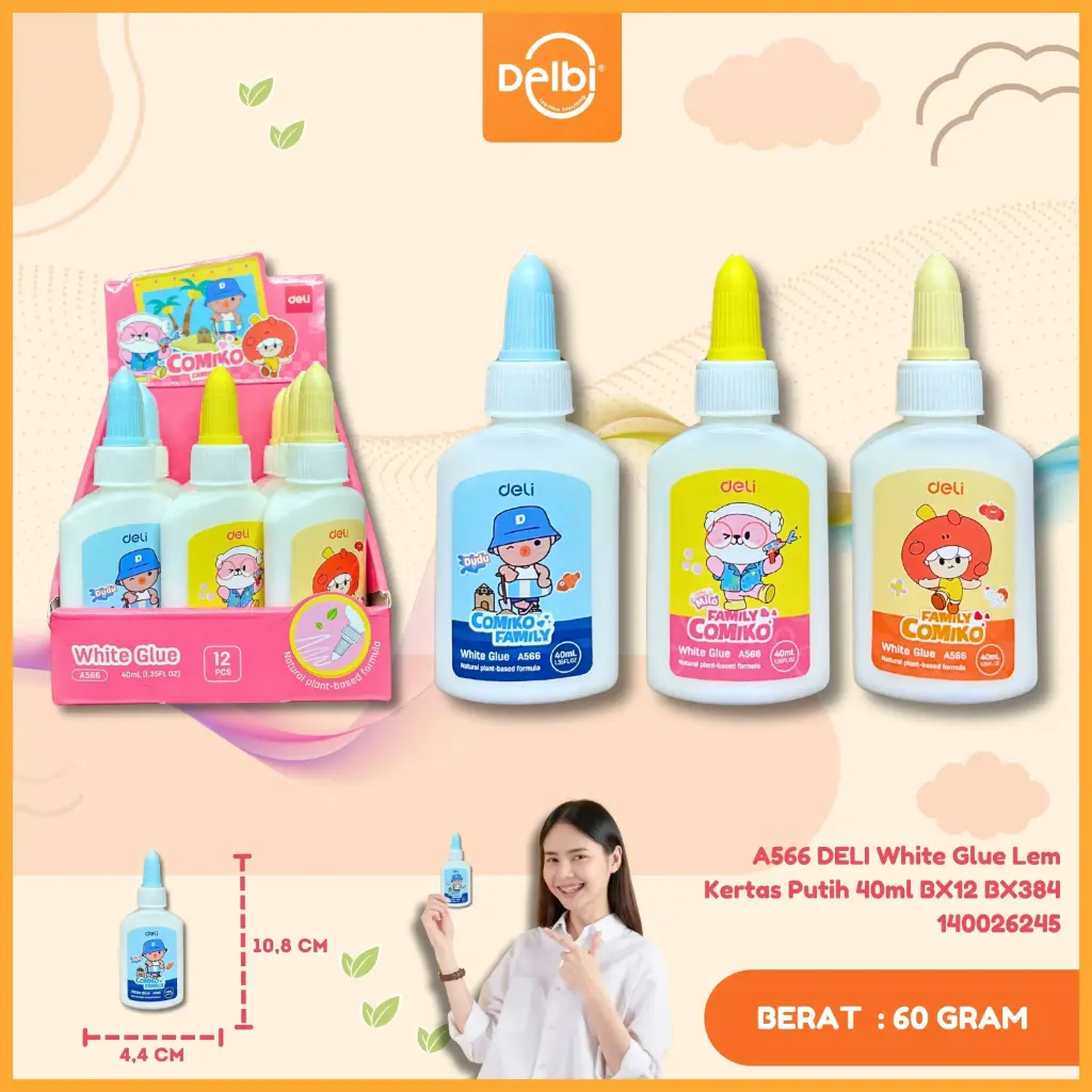 [140026245] A566 DELI White Glue Lem Kertas Putih 40ml BX12 BX384