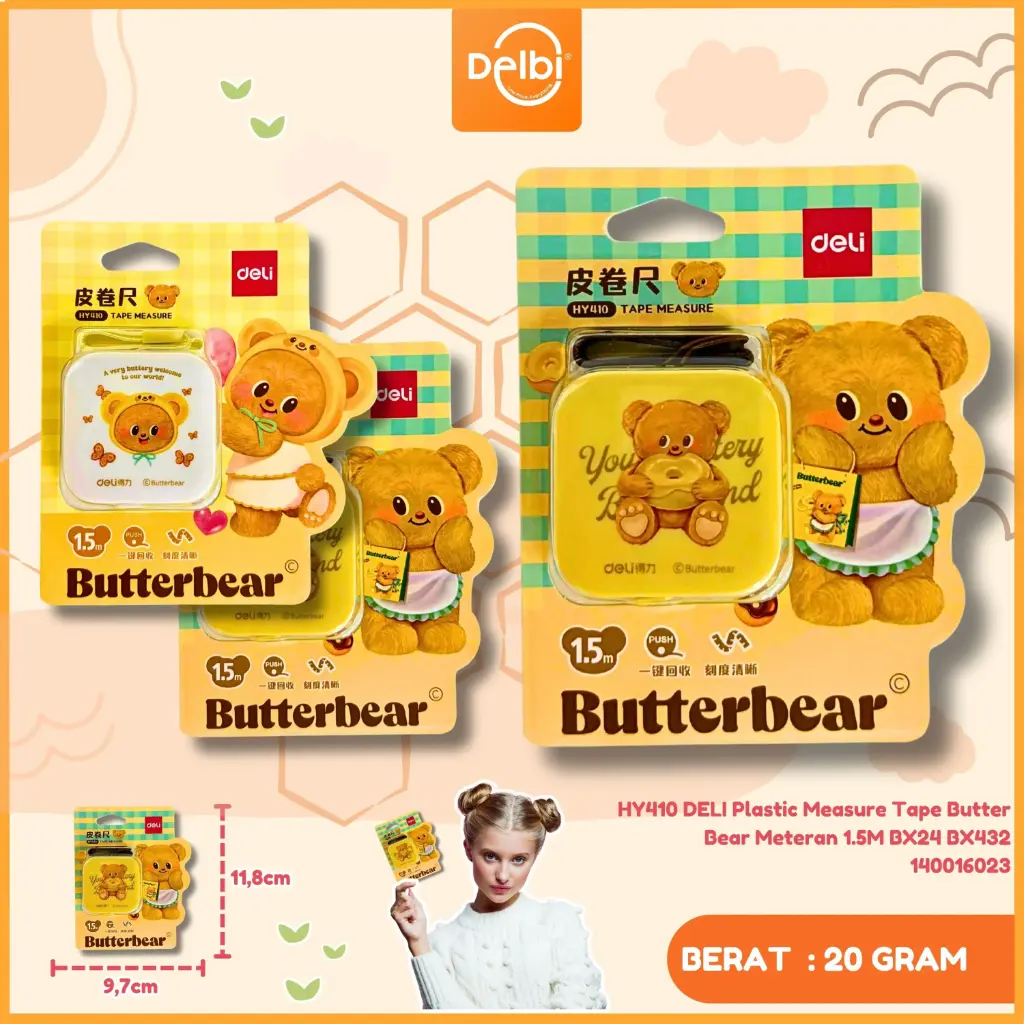 [140016023] HY410 DELI Plastic Measure Tape Butter Bear Meteran 1.5M BX24 BX432