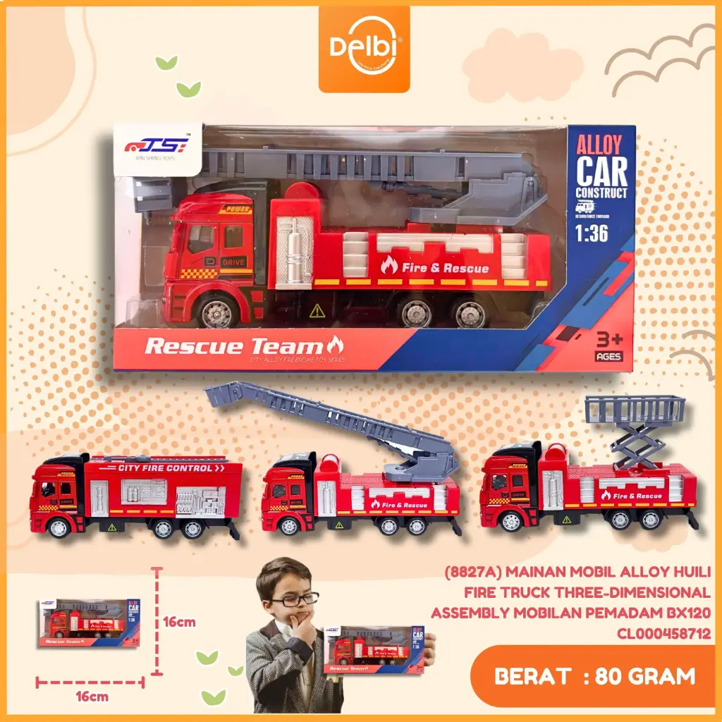 (8827A) MAINAN MOBIL ALLOY HUILI FIRE TRUCK THREE-DIMENSIONAL ASSEMBLY MOBILAN PEMADAM BX120