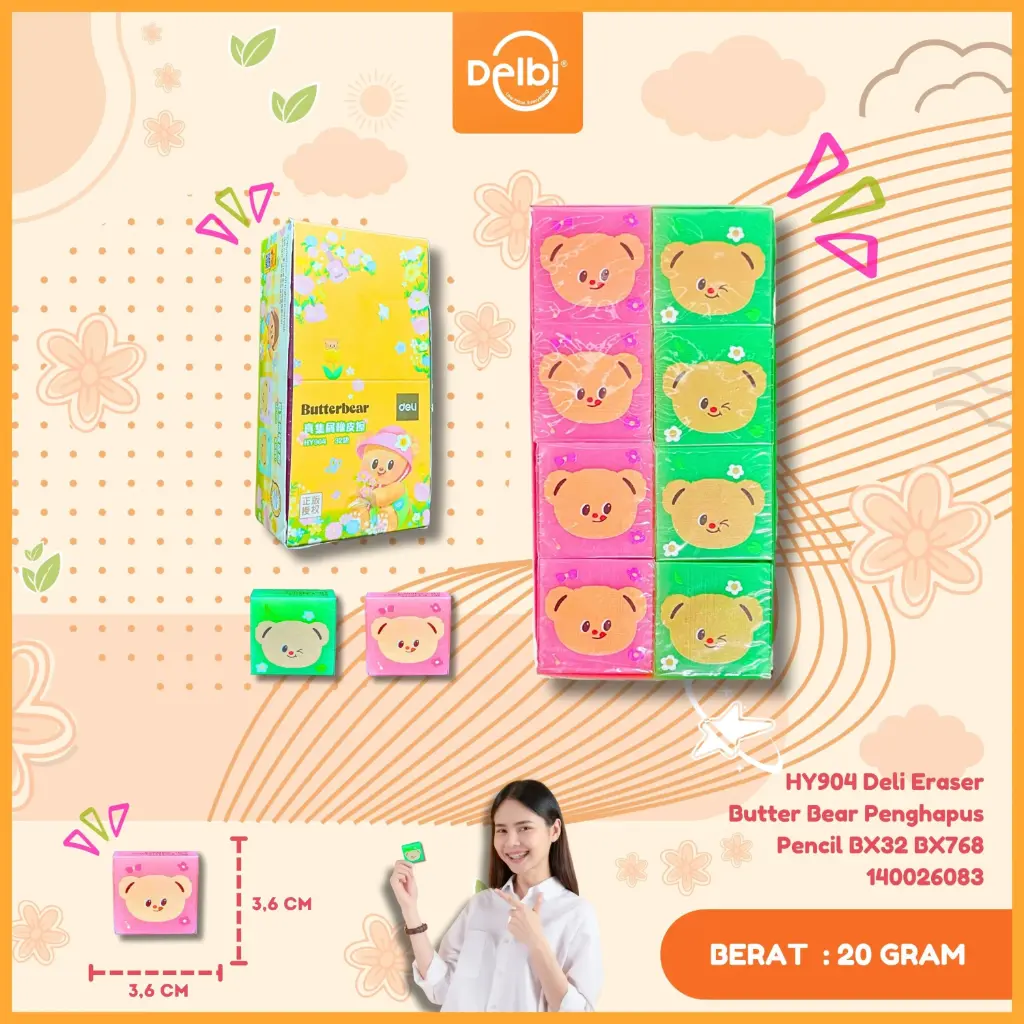 [140026083] HY904 Deli Eraser Butter Bear Penghapus Pencil BX32 BX768