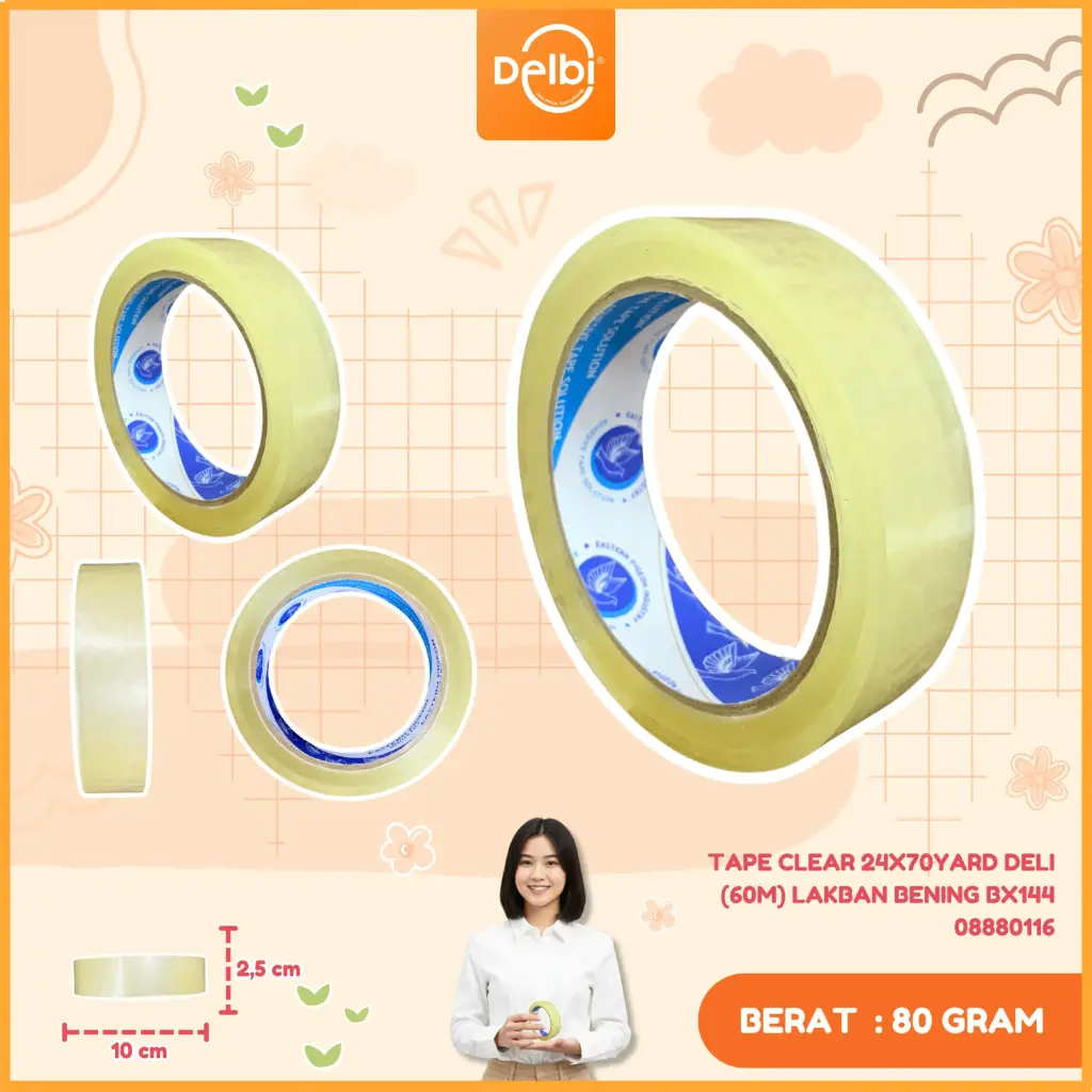 [08880116] Tape Clear 24X70yard DELI (60m) Lakban Bening BX144