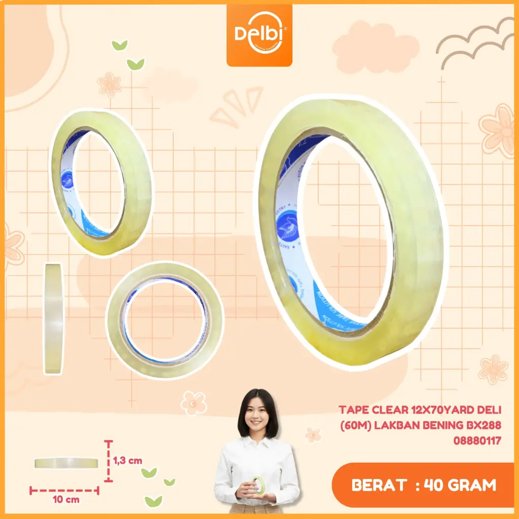 [08880117] Tape Clear 12x70yard DELI (60m) Lakban Bening BX288
