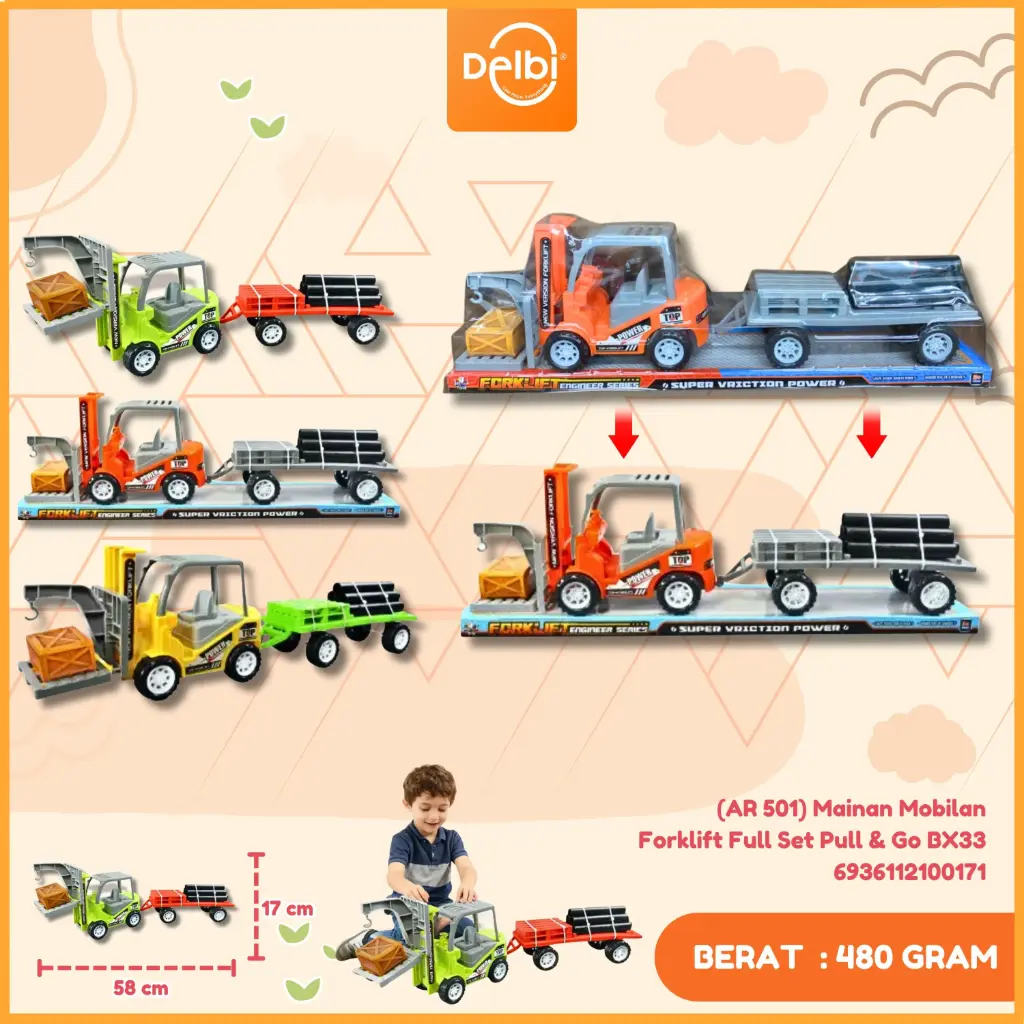 [AR 501] Mainan Mobilan Forklift Full Set Pull & Go BX33
