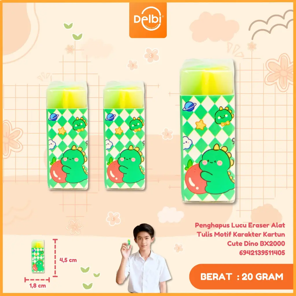 [6942139511405] (W54-1) Penghapus Lucu Eraser Alat Tulis Motif Karakter Kartun Cute Dino BX2000
