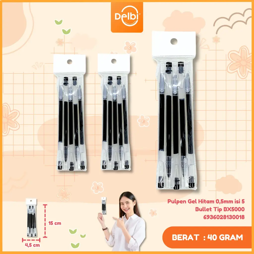 [6936028130018] (W28-1) Pulpen Gel Hitam 0,5mm isi 5 Bullet Tip BX5000