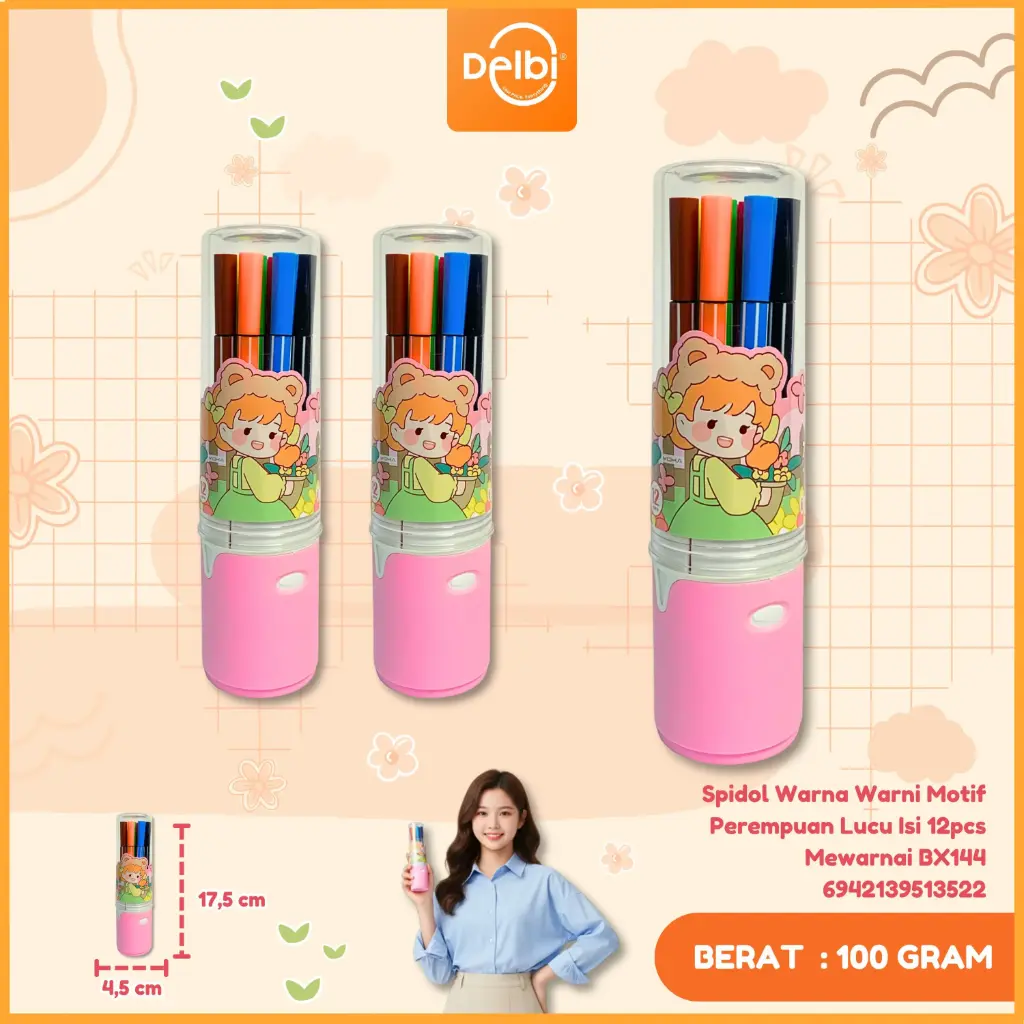 [6942139513522] (W51-2) Spidol Warna Warni Motif Perempuan Lucu Isi 12pcs Mewarnai BX144