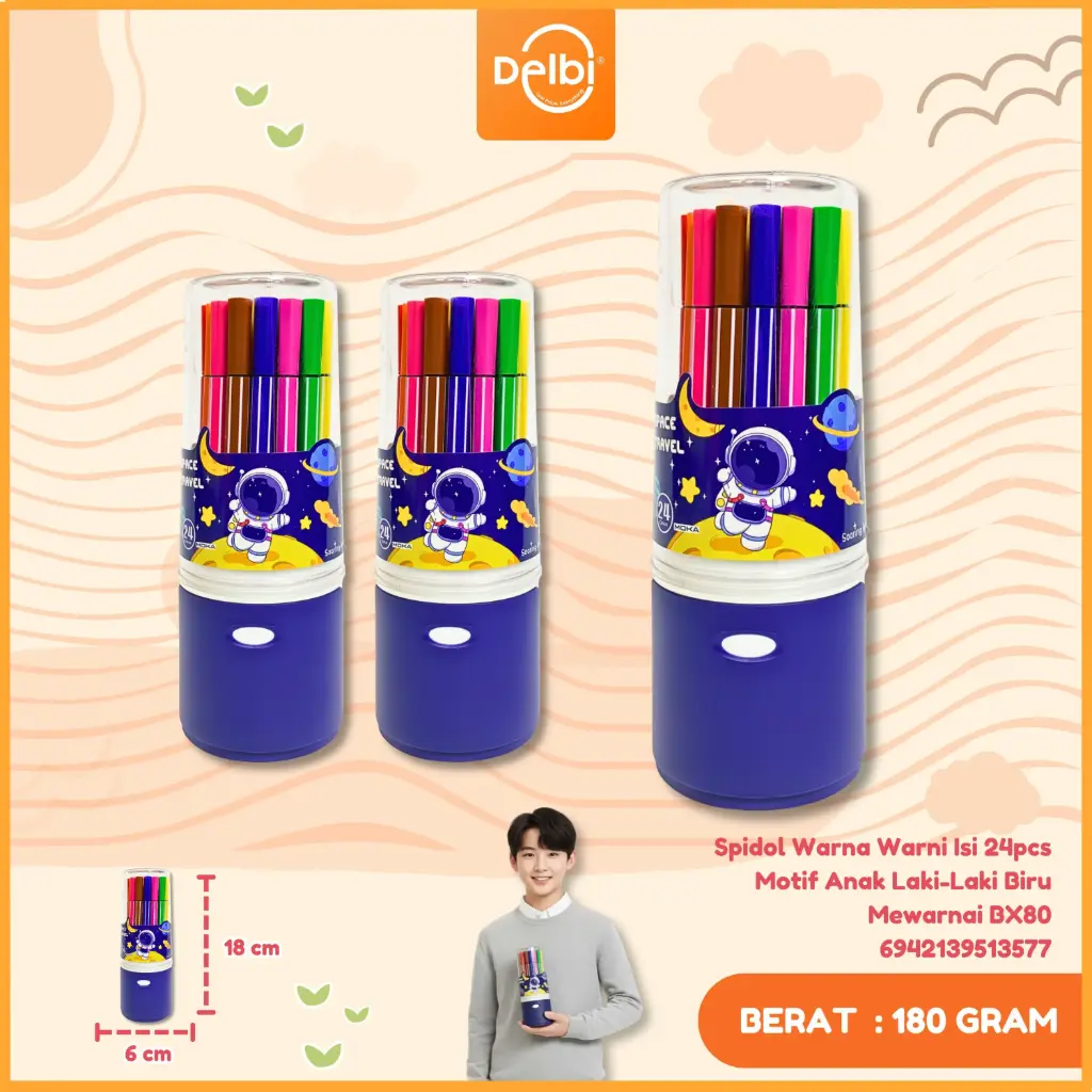 [6942139513577] (W51-3) Spidol Warna Warni Isi 24pcs Motif Anak Laki-Laki Biru Mewarnai BX80