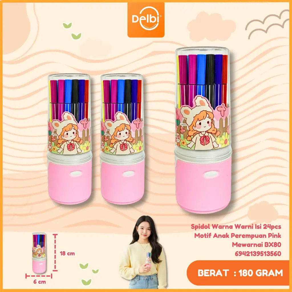 [6942139513560] (W51-4) Spidol Warna Warni Isi 24pcs Motif Anak Perempuan Pink Mewarnai BX80