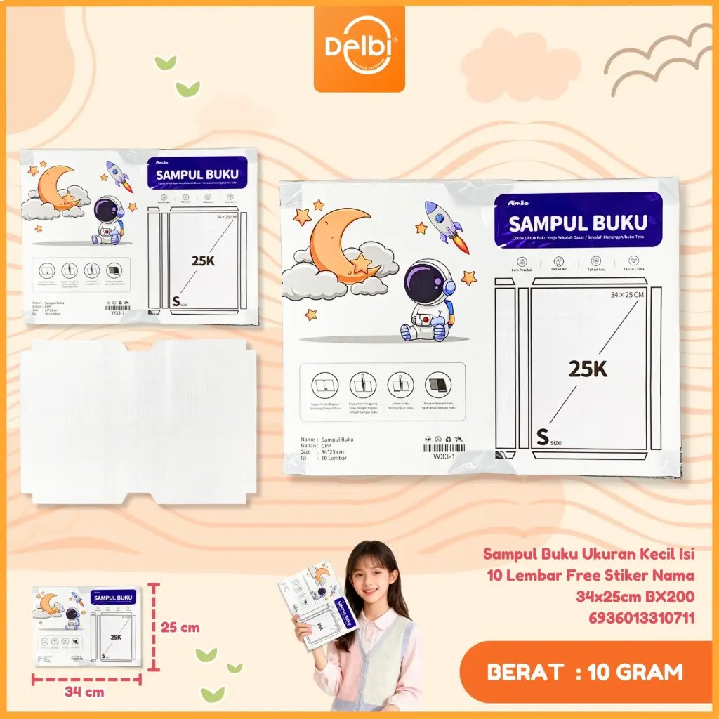 [6936013310711] Sampul Buku Ukuran Kecil Isi 10 Lembar Free Stiker Nama 34x25cm BX200