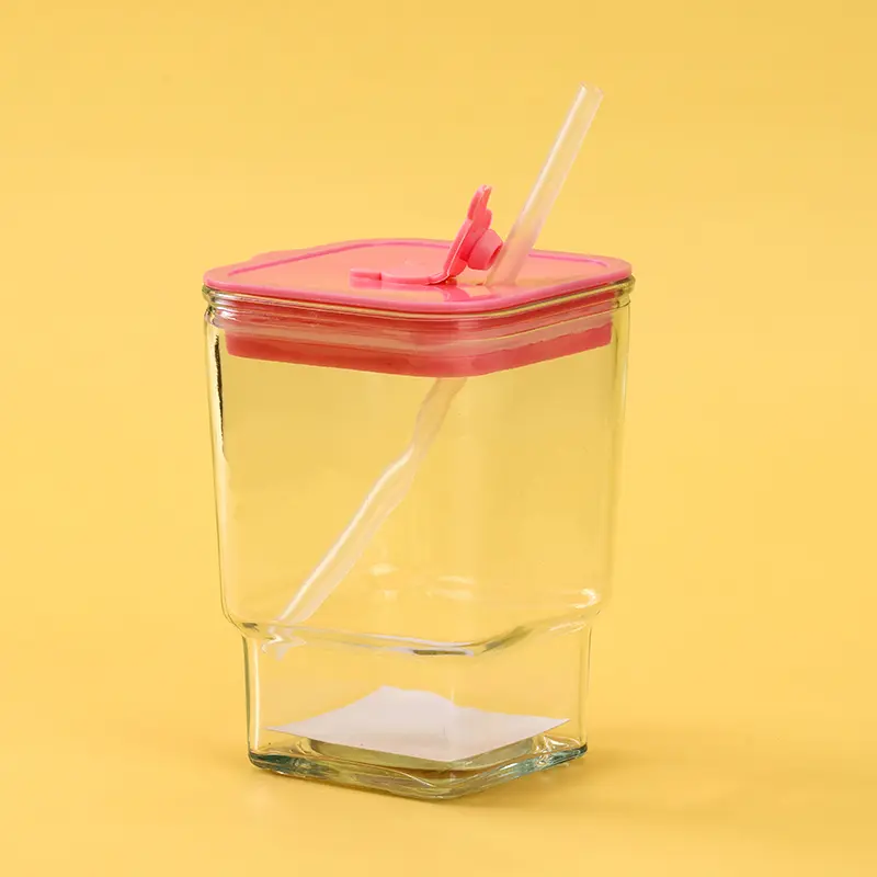 [1210300049] GELAS KACA FEIFAN BUAH DAN SAYURAN BENTUK KOTAK DENGAN SEDOTAN 420ml BX72