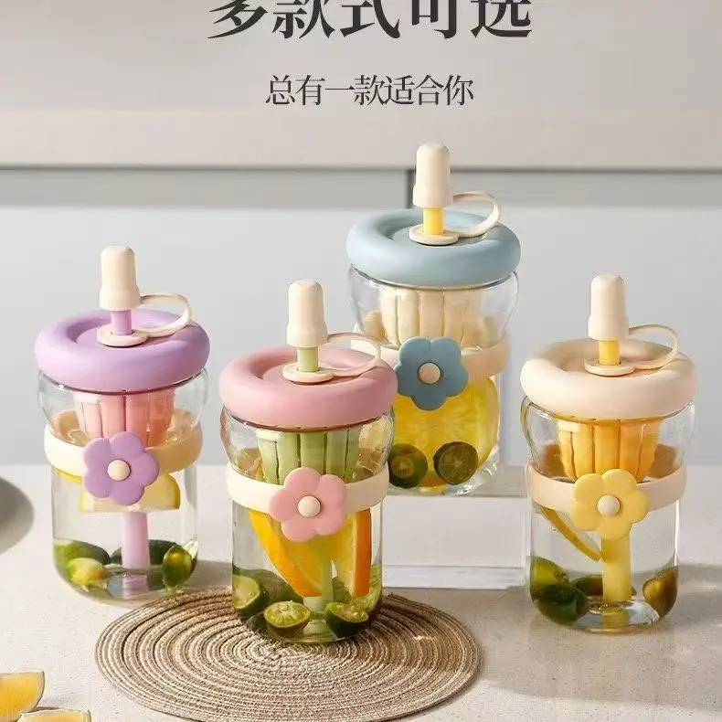 [1210300051] GELAS BOTOL KACA MOTIF BUNGA DENGAN SEDOTAN QUANMING 500ml BX68